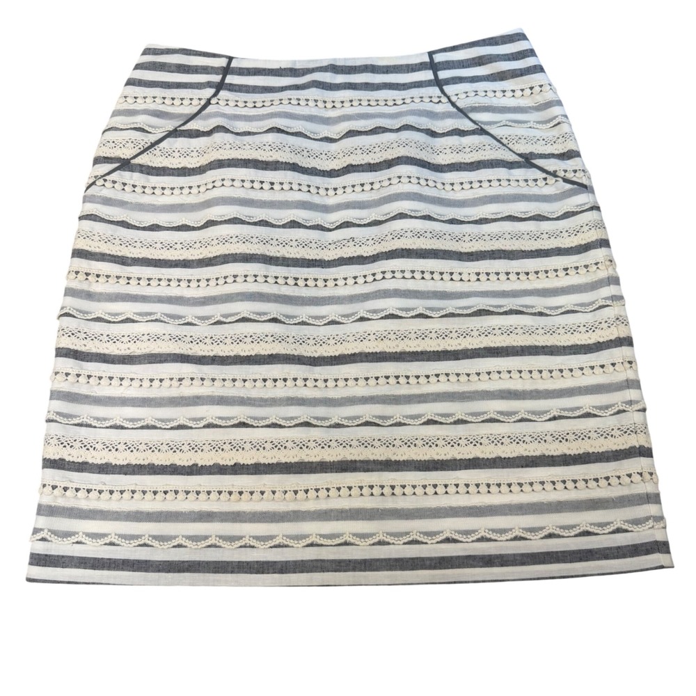 Tabitha Anthropologie Striped Lace Trim Linen Blend Skirt Navy White Size 4